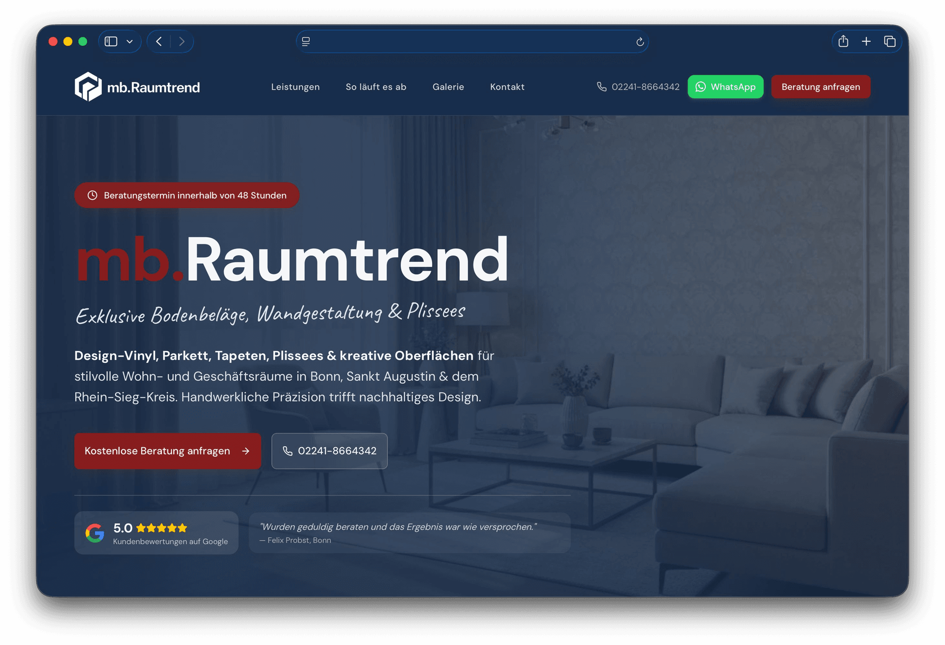 Referenzprojekt mb.Raumtrend – Website für Raumausstattung im Browser